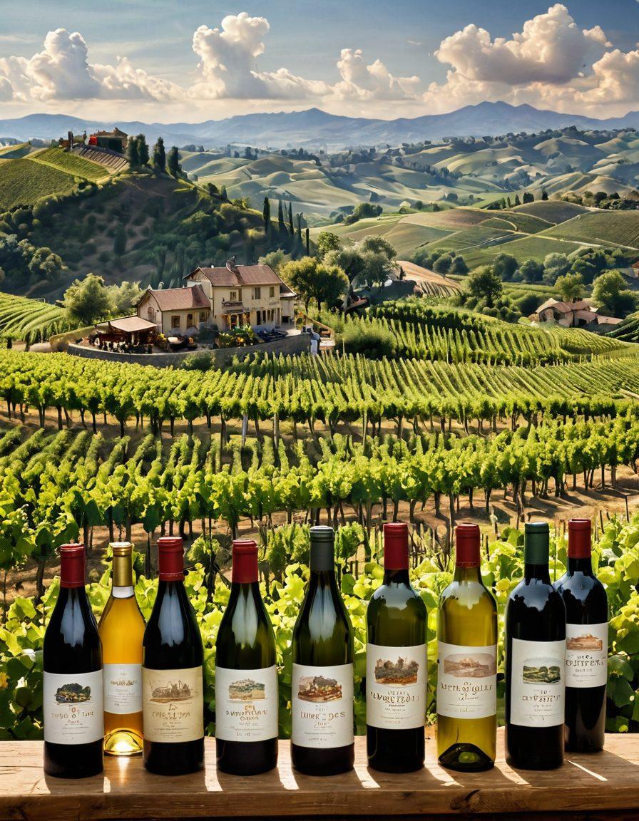 A bustling global market showcasing diverse wine bottles from various countries, surrounded by wholesalers examining their selections. Include an elegant vineyard in the background with rolling hills and grapevines, symbolizing the wine trade's connection to agriculture. Soft sunlight filters through clouds, enhancing the warm tones of the bottles. A world map subtly integrated in the foreground, indicating trade routes. super-realistic. vibrant colors. 3D.