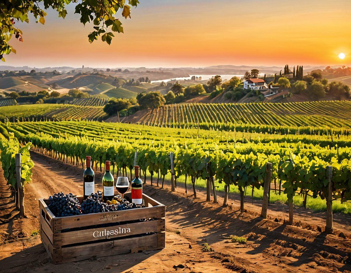 A picturesque vineyard under a golden sunset, with lush grapevines stretching towards the horizon. In the foreground, a wooden crate filled with bottles of wine, subtly labeled for export, features a map that highlights global wine markets. A gentle breeze rustles the leaves, symbolizing the journey from the vine to international shelves. Include scattered icons of shipping containers and regulatory documents for an added layer of context. painting. vibrant colors. warm tones.