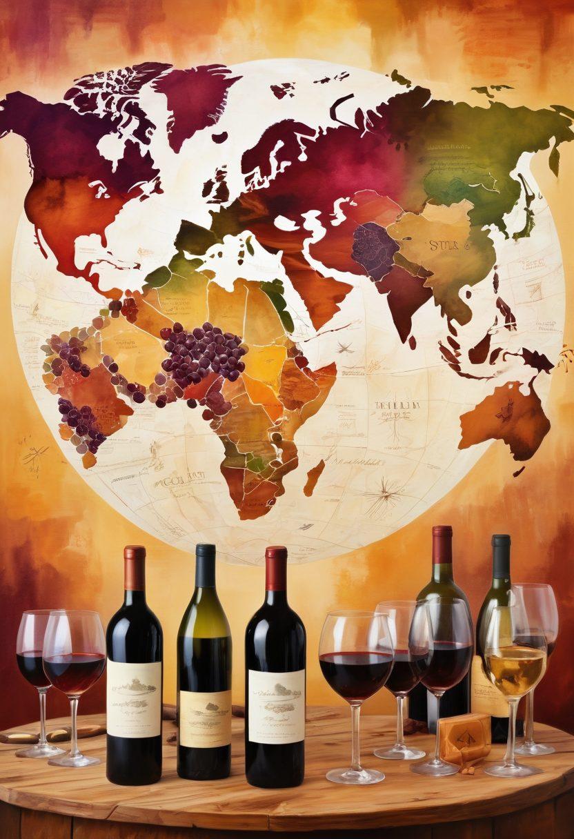 A vibrant, artistic representation of the global wine market, featuring a world map made of wine bottles and grapes, with arrows indicating trade routes. Include a diverse group of winemakers discussing over a table filled with wine glasses and a globe, representing different cultures. Soft, warm colors to convey a welcoming atmosphere. rich textures and details. painting.
